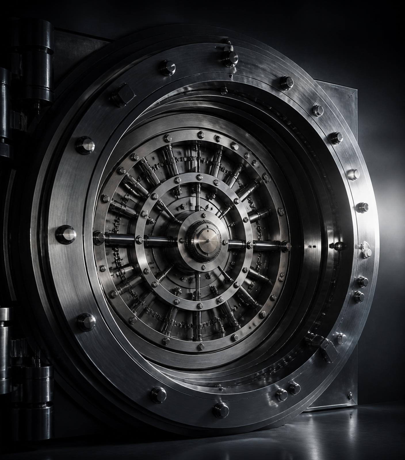 Circular vault door in brushed steel